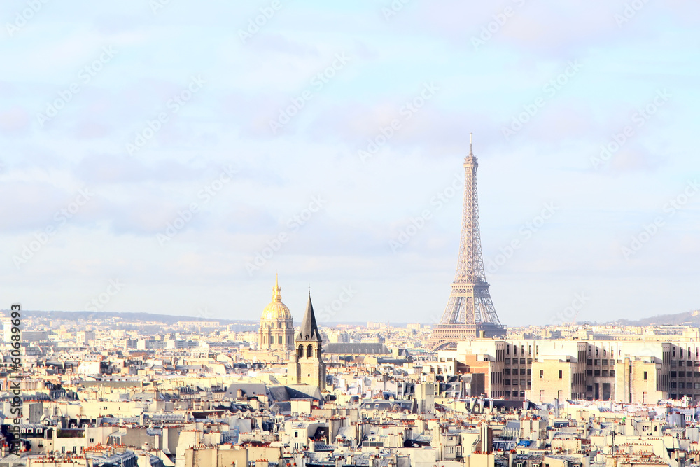 Panoramic view of Paris with silhouette of Eiffel tower