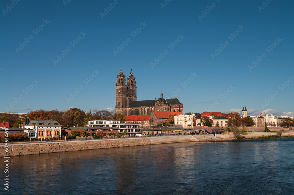 Cathedral of Magdeburg at river Elbe, Germany, Autumn 2013