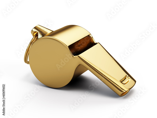 Gold whistle isolated on white photo