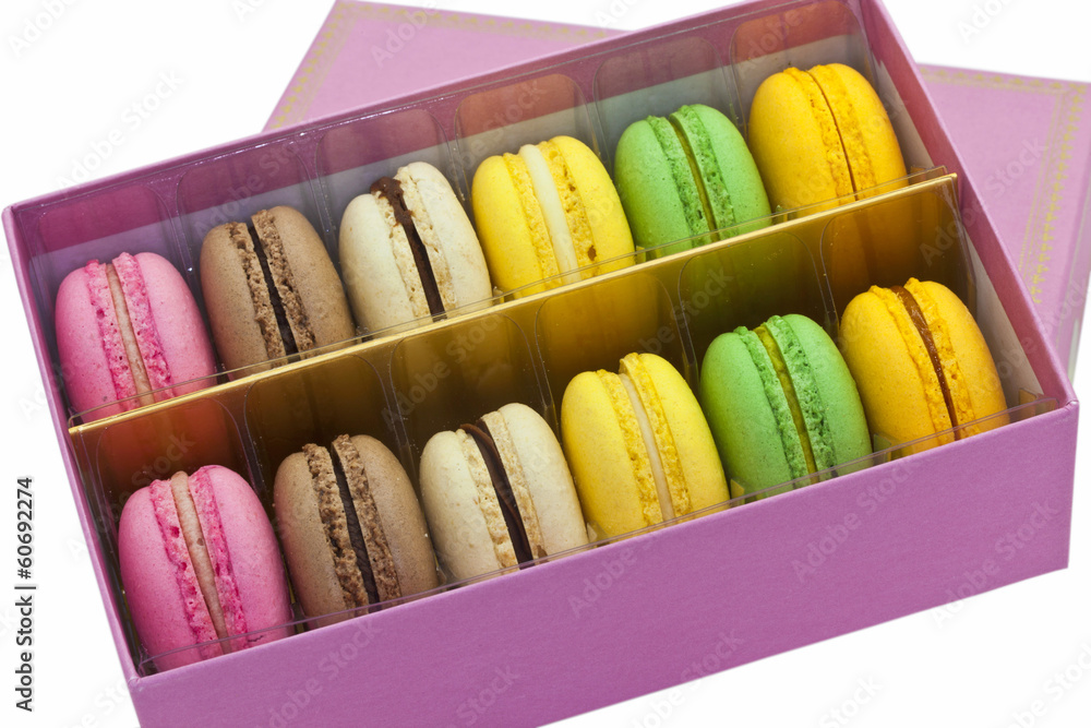 Dozen of macaroon biscuits in a box. Dozen of macaroon biscuits in a box.