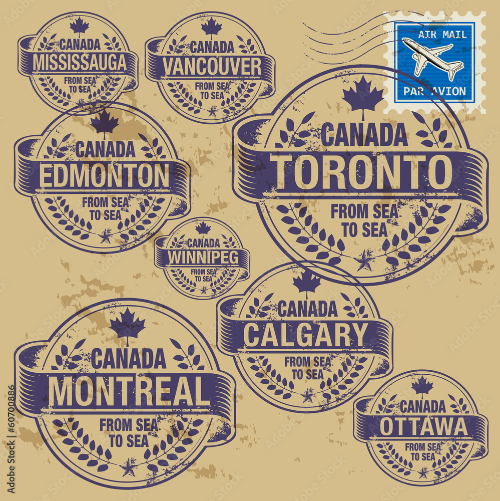 Grunge rubber stamp set with names of Canada cities