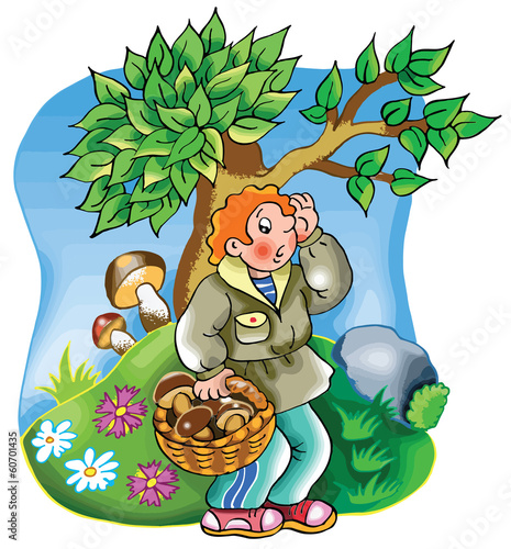 Cartoon illustration of a boy lost in the woods