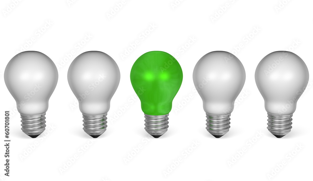 One green light bulb in row of white ones. Front view One green light bulb in row of white ones. Front view