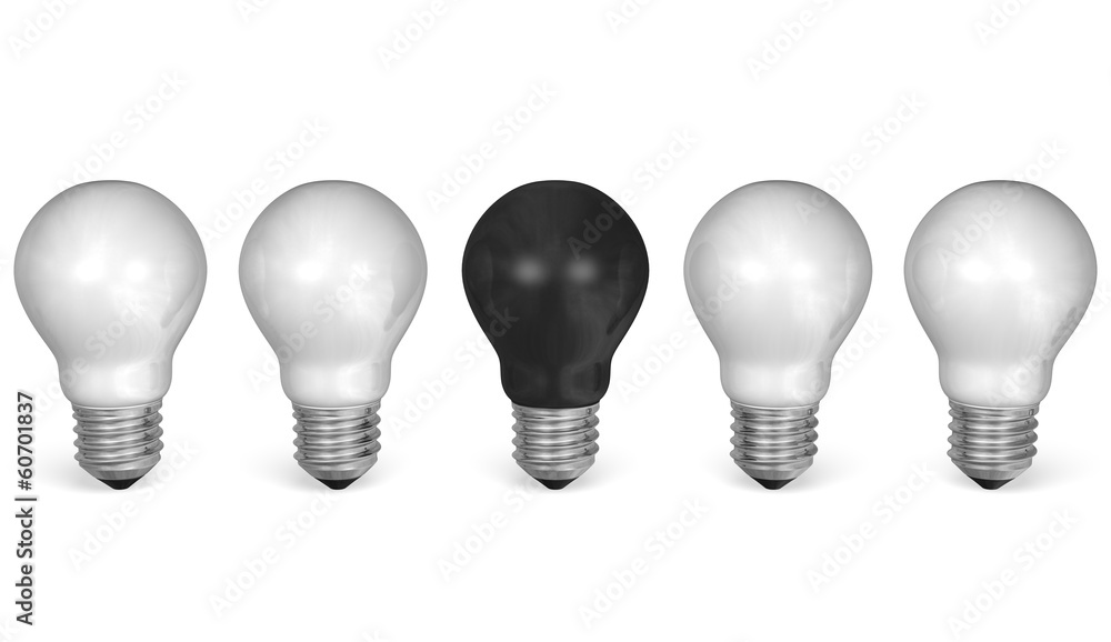 One black light bulb in row of many white ones. Front view One black light bulb in row of many white ones. Front view