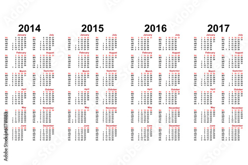 calendar from 2014 to 2018 years