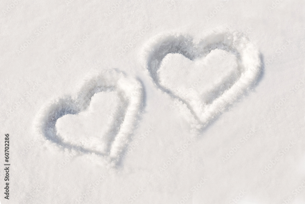 Deux coeurs dans la neige - obrazy, fototapety, plakaty 