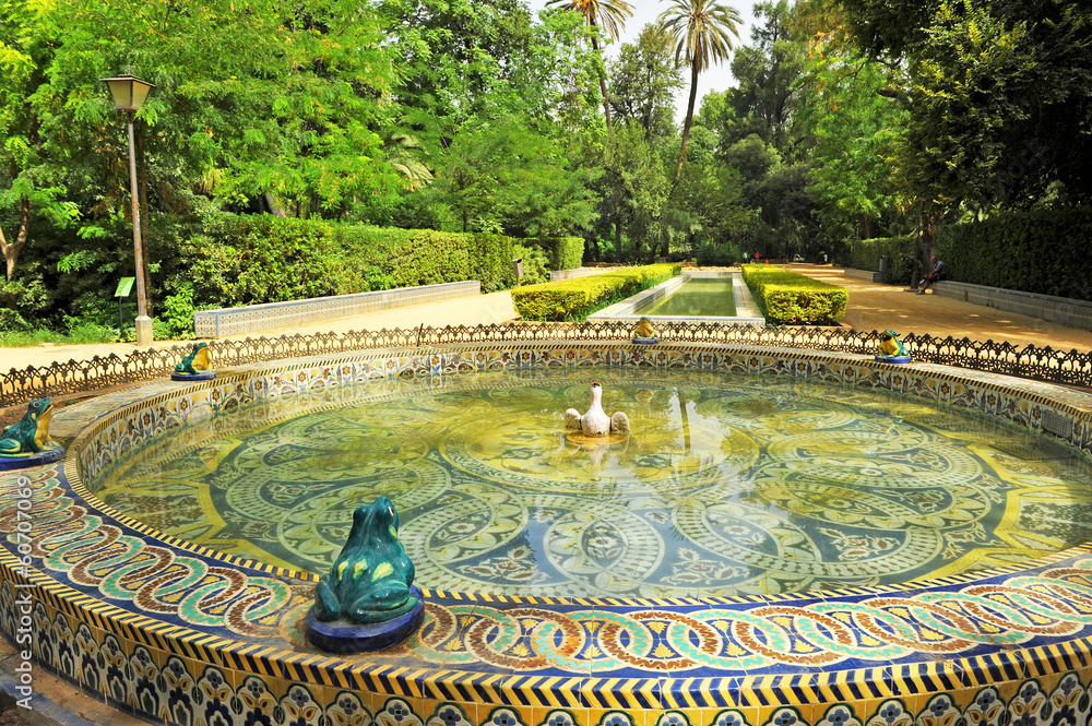 Maria Luisa Park in Seville, tiled fountain, Spain
