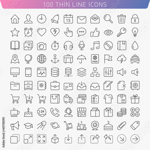 100 thin line icons for Web and Mobile. Light version.