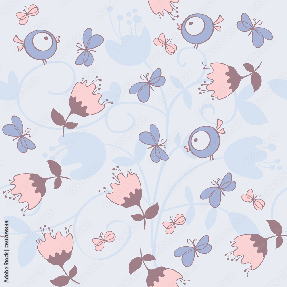 Seamless pattern with flowers and birds. Cute seamless. Seamless pattern with flowers and birds. Cute seamless.