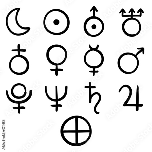 Set of icons for the planets, sun and moon