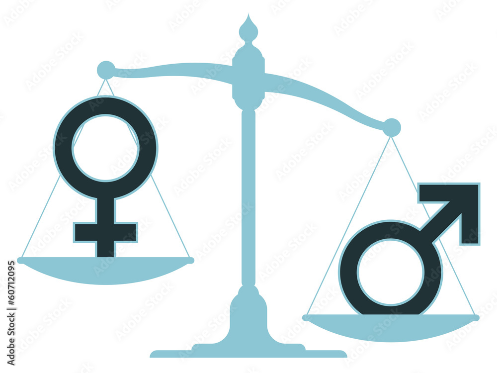 Unbalanced scale with male and female icons Unbalanced scale with male and female icons