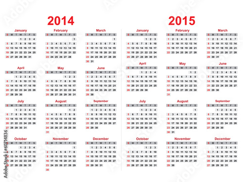 2014 and 2015 years calendar