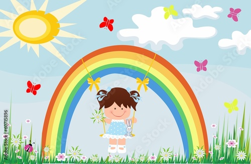 The girl on a swing from a rainbow