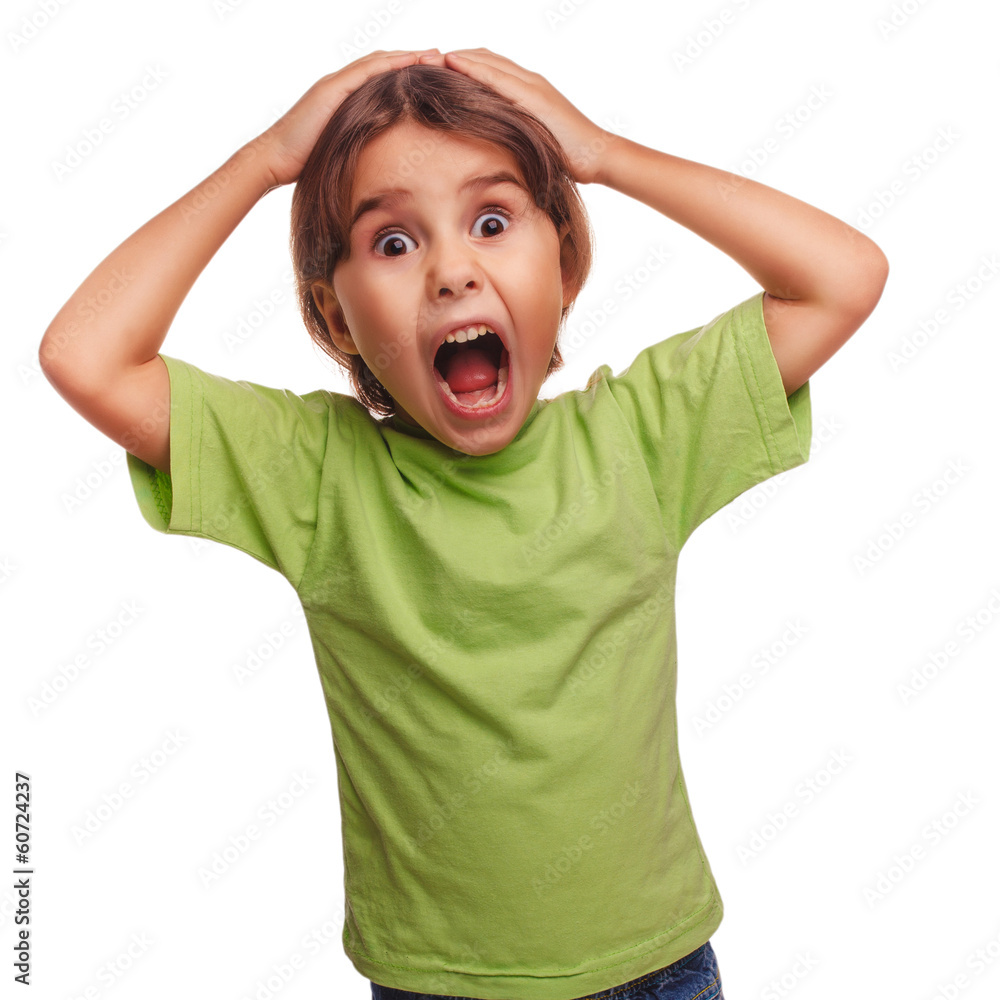 Teen girl scared child opened her mouth feels fear and horror is Stock