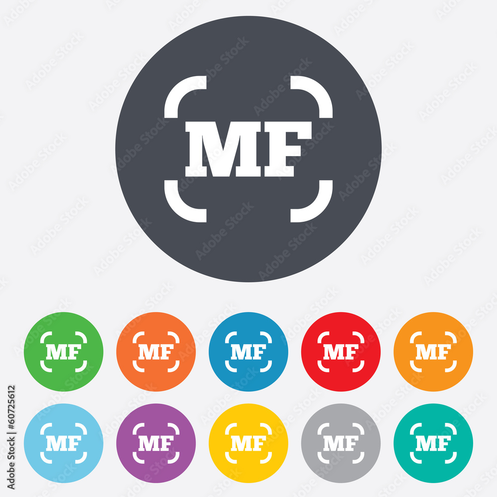 Manual focus photo camera sign icon. MF Settings Manual focus photo camera sign icon. MF Settings