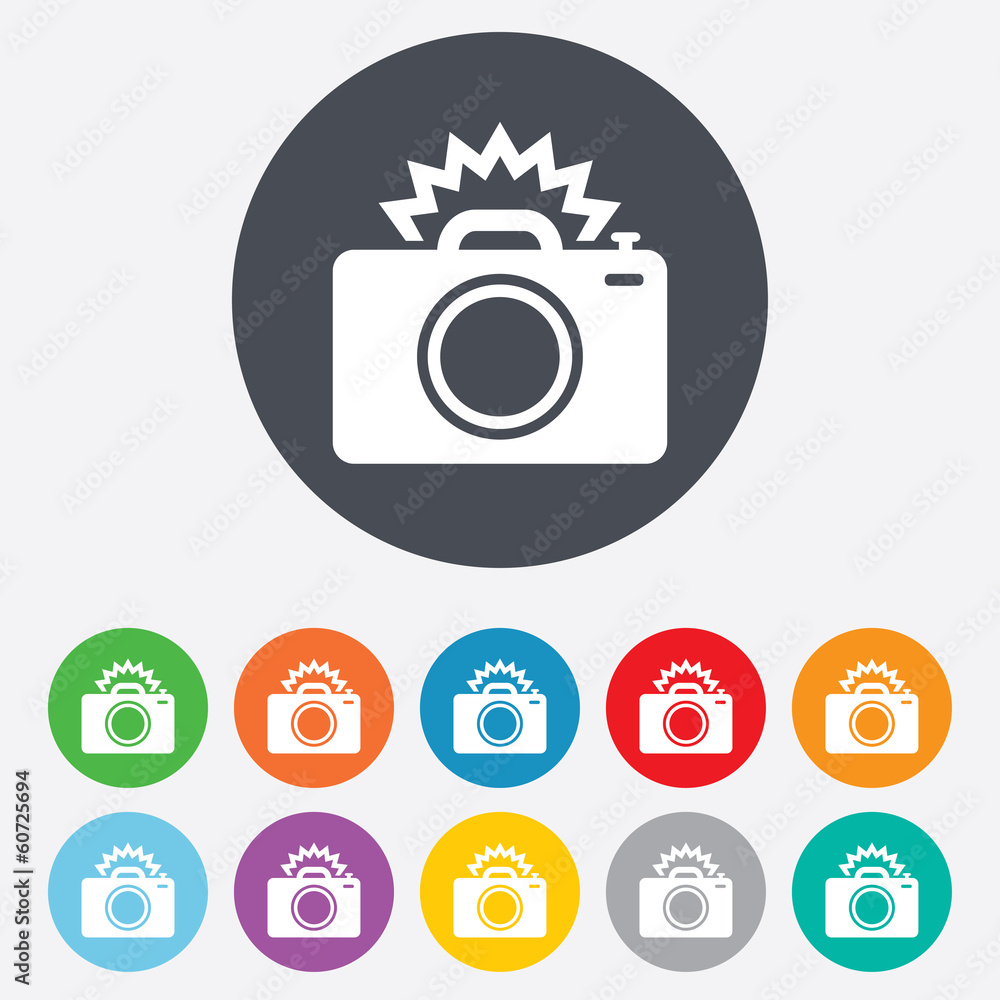 Photo camera sign icon. Photo flash symbol. Photo camera sign icon. Photo flash symbol.