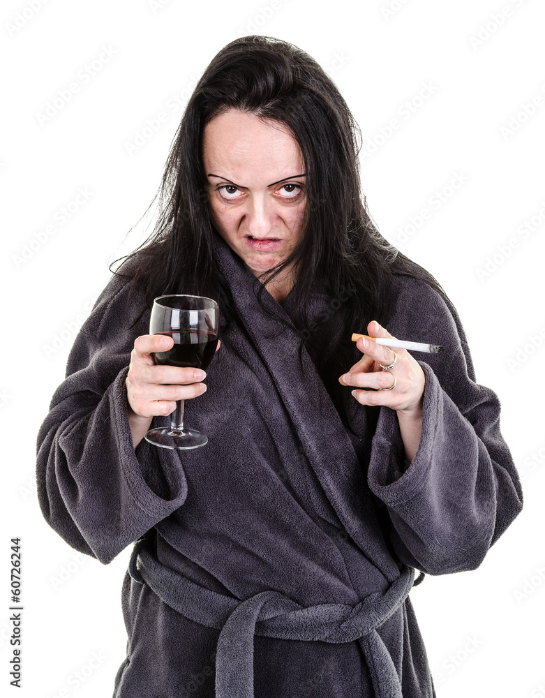 alcoholic, aggressive woman drinking red wine and smoking alcoholic, aggressive woman drinking red wine and smoking