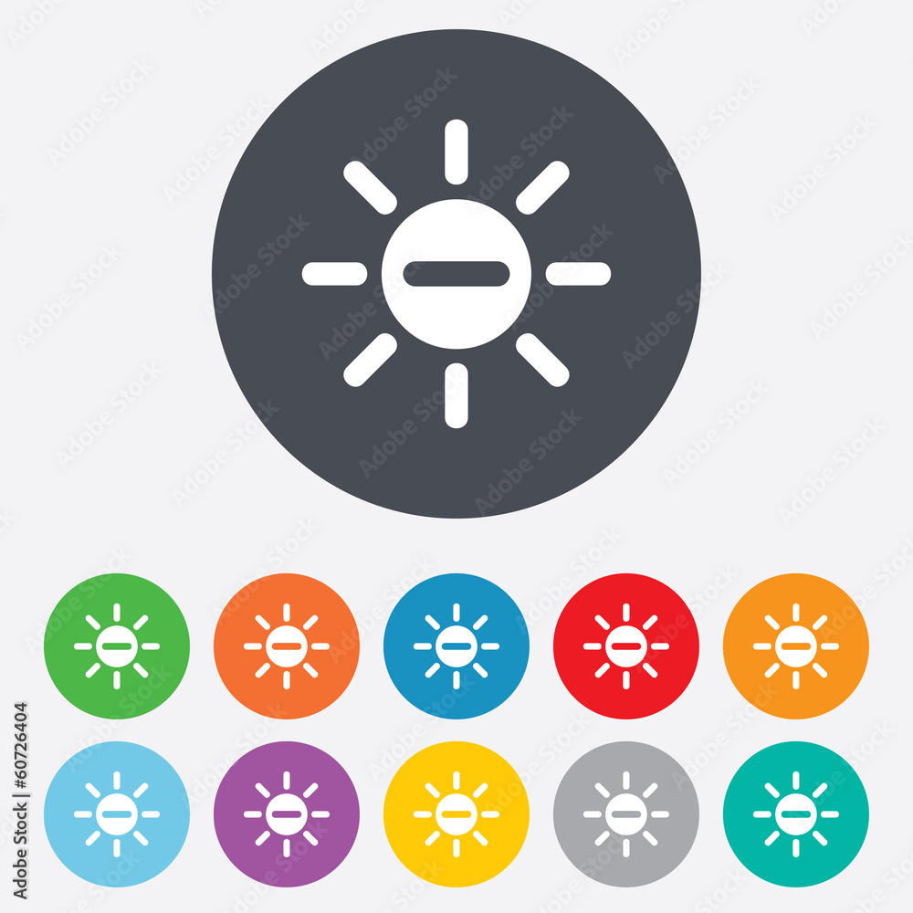 Sun minus sign icon. Heat symbol. Brightness. Sun minus sign icon. Heat symbol. Brightness.