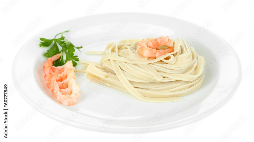 Pasta with shrimps on white plate, isolated on white Pasta with shrimps on white plate, isolated on white