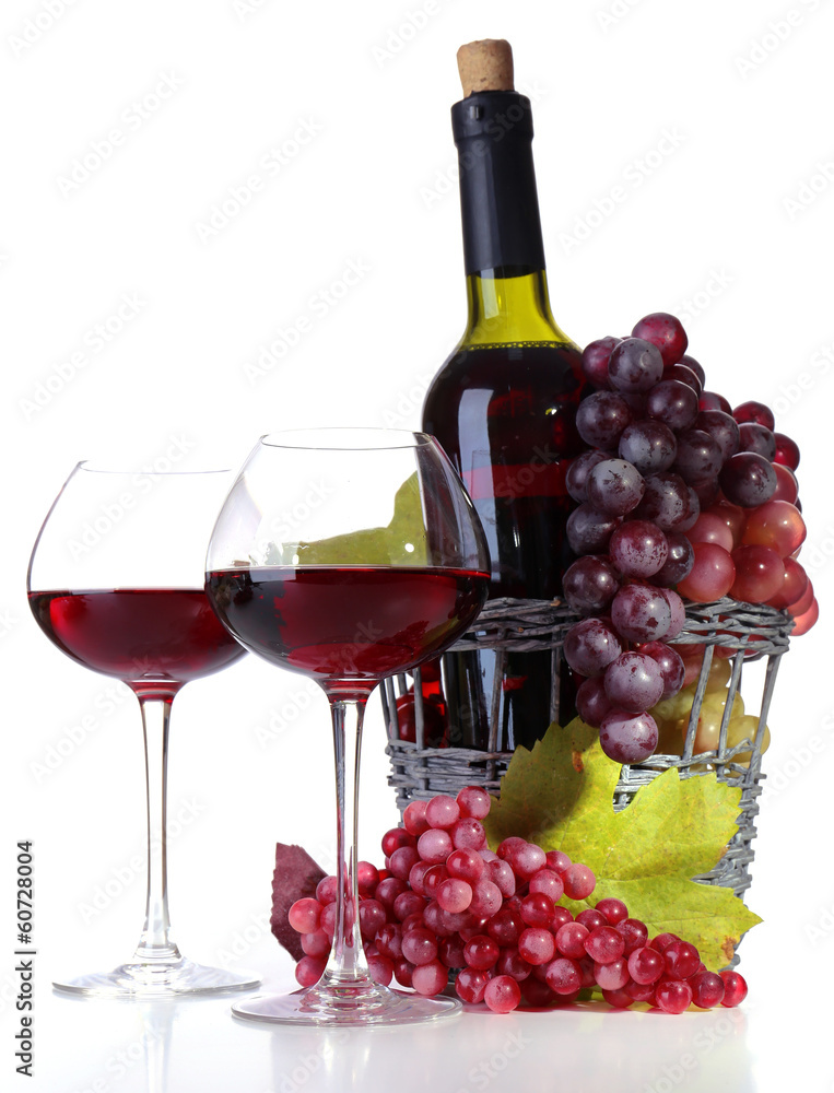 Wineglasses with red wine, grape and bottle isolated on white - obrazy, fototapety, plakaty 