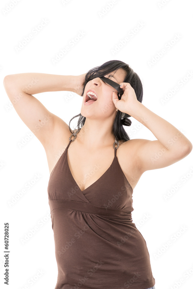 Hispanic young woman blindfolded. Black cloth Hispanic young woman blindfolded. Black cloth