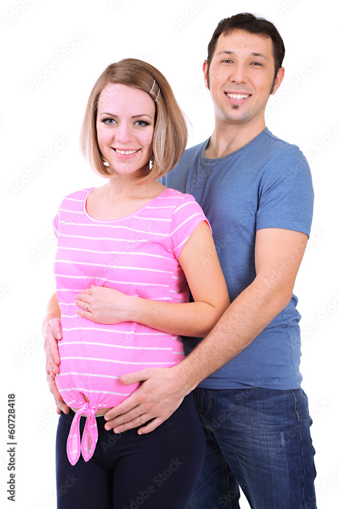 Young pregnant woman with her husband isolated on white Young pregnant woman with her husband isolated on white
