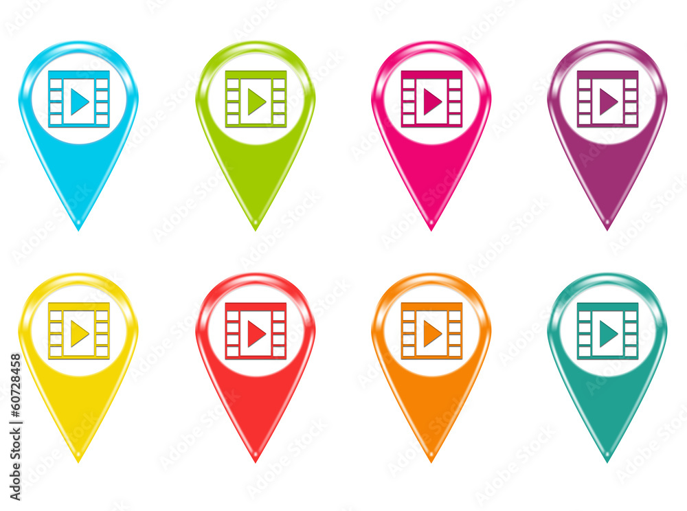 Set of icons with movie symbol in blue, green, pink, red, orange Set of icons with movie symbol in blue, green, pink, red, orange