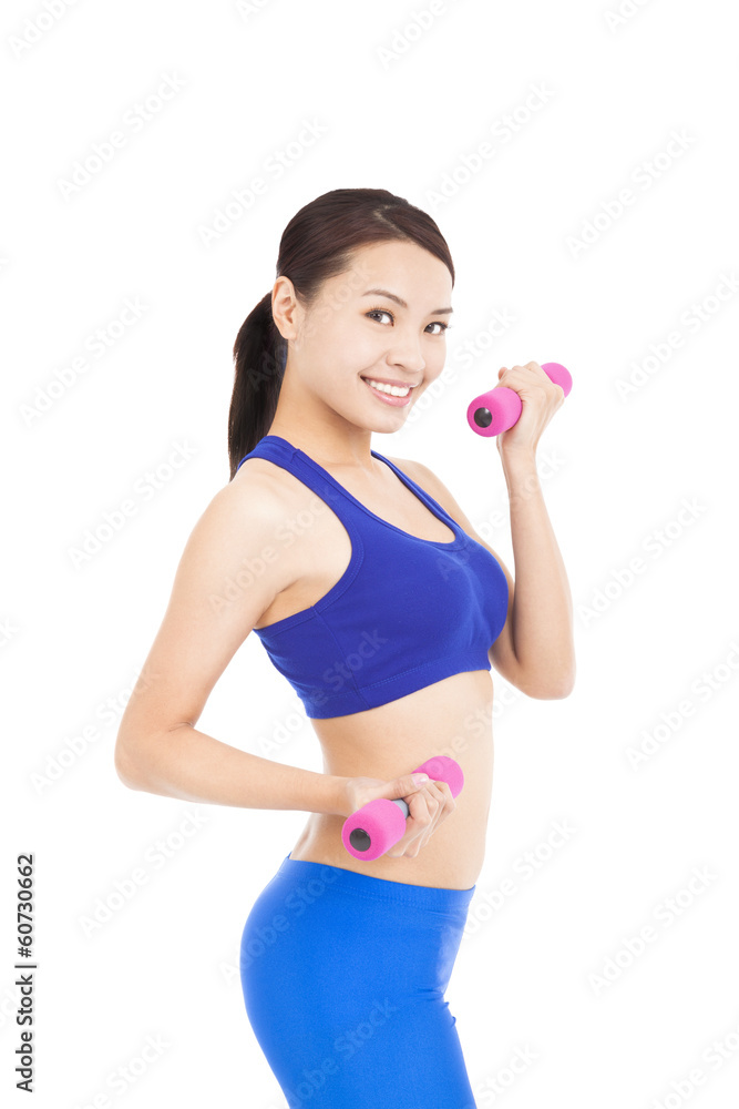 Healthy happy woman with dumbbells working out Healthy happy woman with dumbbells working out