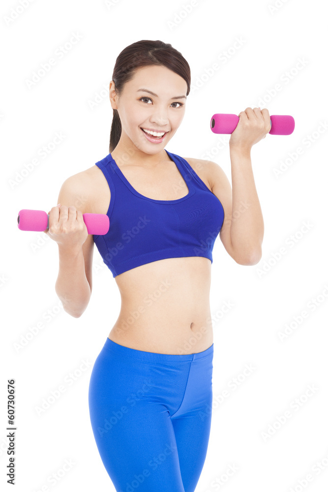 Happy fitness woman lifting dumbbells smiling cheerful, Happy fitness woman lifting dumbbells smiling cheerful,