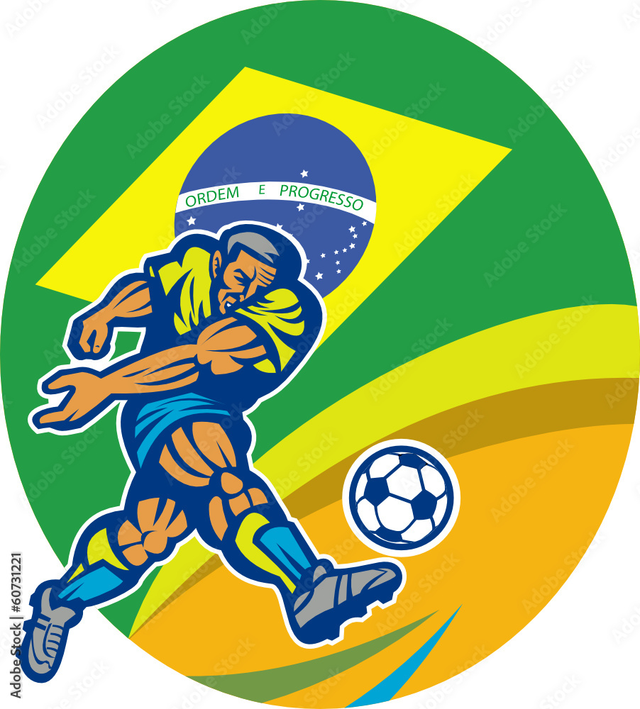 Brazil Soccer Football Player Kicking Ball Retro