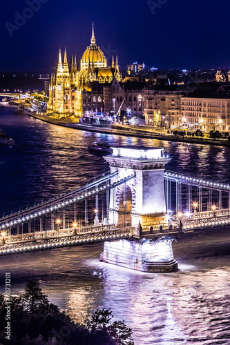 Photography Panorama of Budapest, Hungary, with the Chain Bridge and the Par