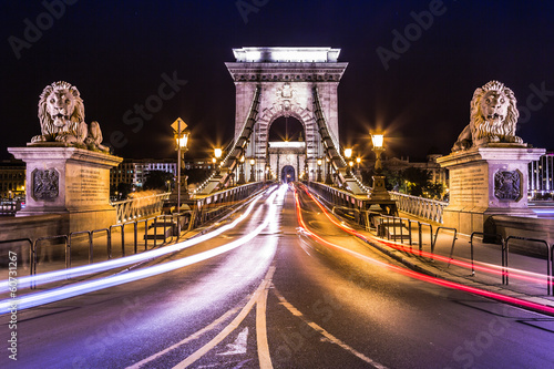 Night view of the famous Chain Bridge in Budapest, Hungary. The