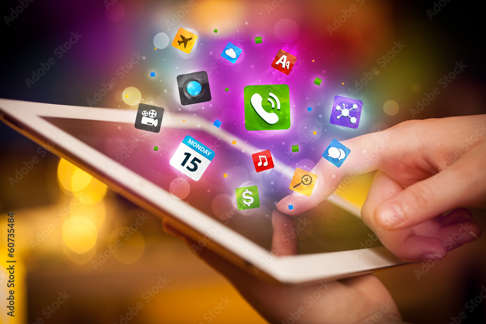 Hand touching tablet pc, social network concept Hand touching tablet pc, social network concept