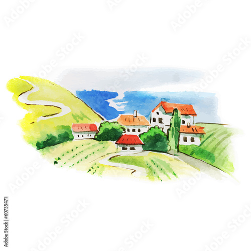 Painted watercolor vineyard landscape