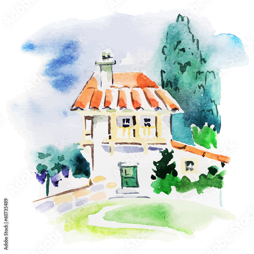 Painted watercolor vineyard landscape