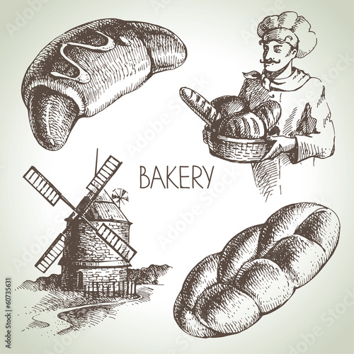 Bakery sketch icon set. Vintage hand drawn illustrations.