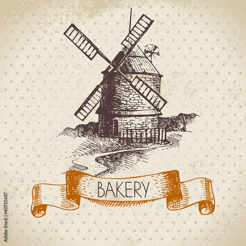 Bakery sketch background. Vintage hand drawn illustration of mil