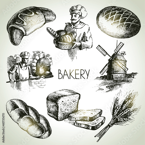 Bakery sketch icon set. Vintage hand drawn illustrations