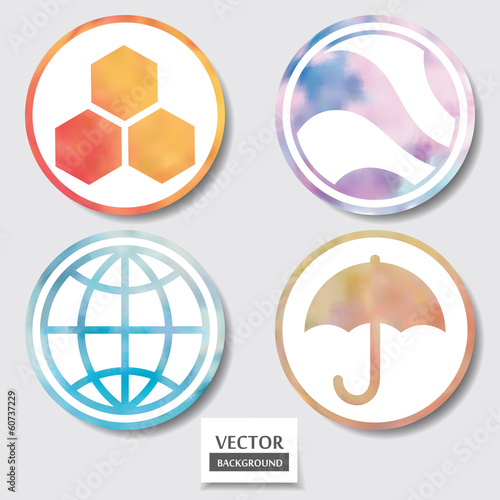Set of four icons. Web and mobile apps circle watercolor button.