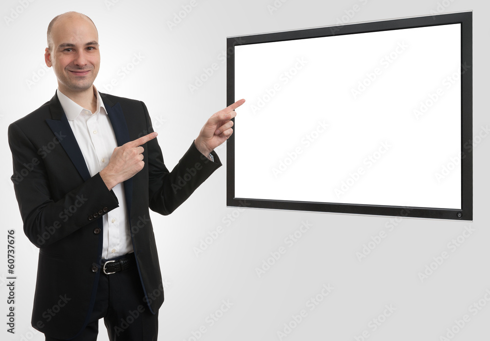 businessman presenting something on а blank screen businessman presenting something on а blank screen