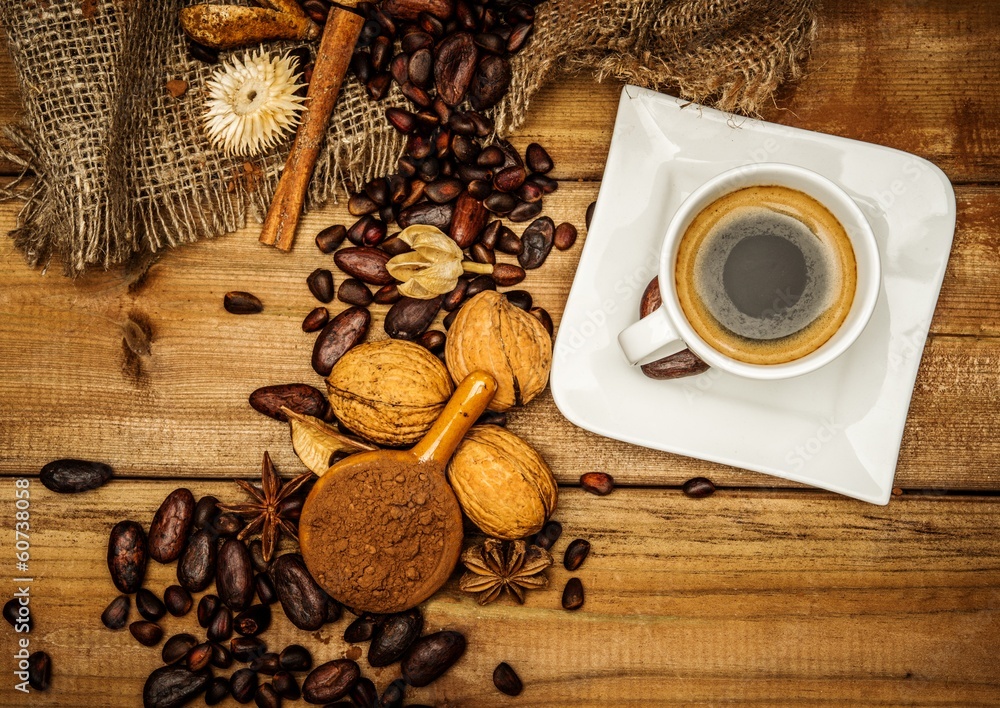 Coffee theme still-life on wooden table Coffee theme still-life on wooden table