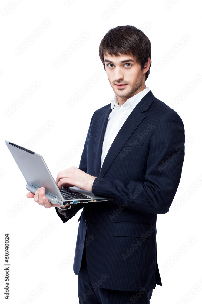 Young businessman use laptop on white background. Young businessman use laptop on white background.