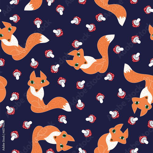 Fototapeta Naklejka Na Ścianę i Meble -  seamless pattern foxes and mushrooms
