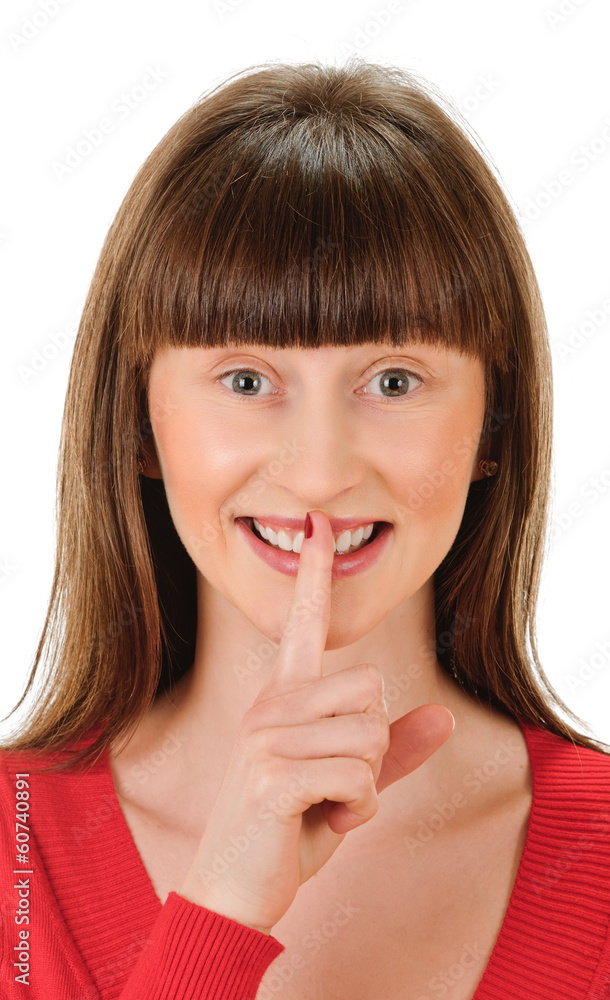 young woman shows sign and symbol by hands on white background young woman shows sign and symbol by hands on white background
