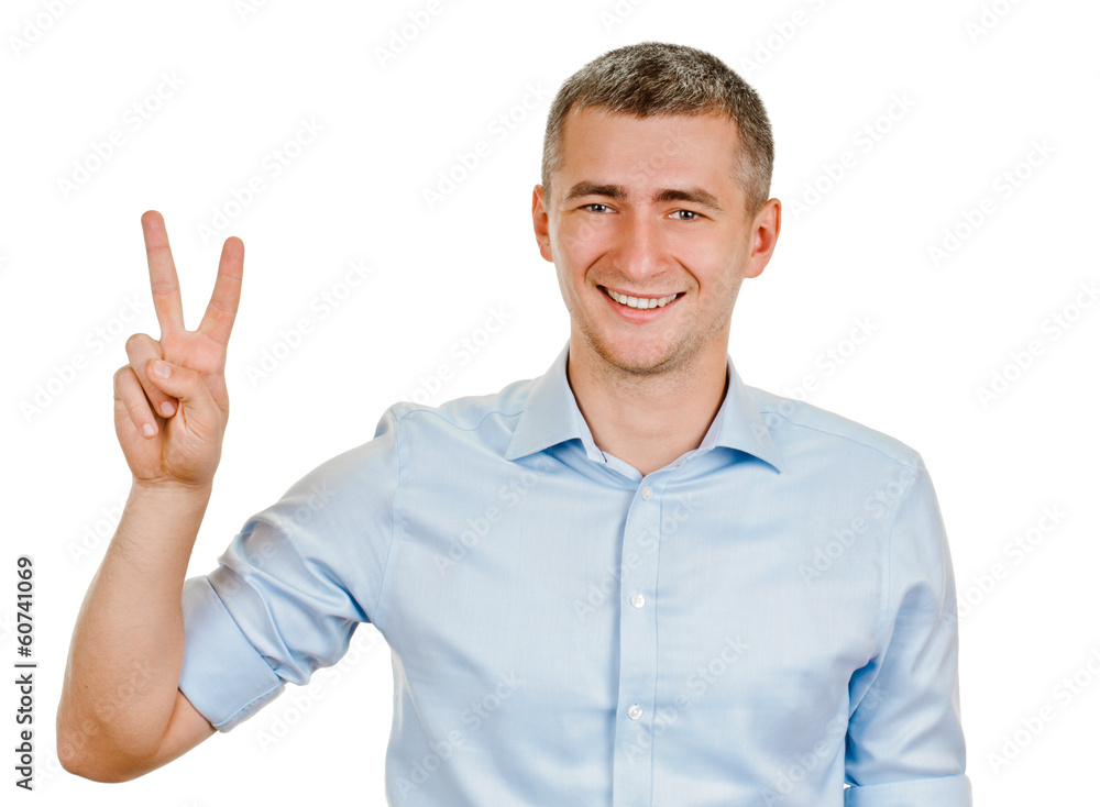young man shows sign and symbol by hands on white background young man shows sign and symbol by hands on white background