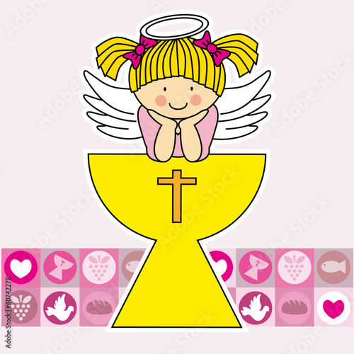 First communion card. Angel in the holy grail. Girl