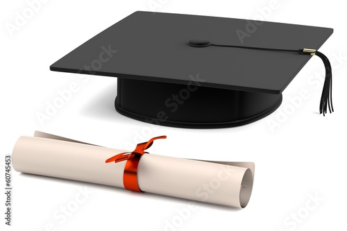 realistic 3d render of graduation cap and diploma