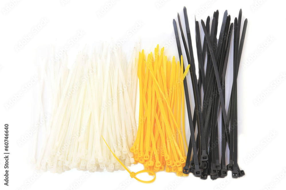colored cable ties isolated against white background