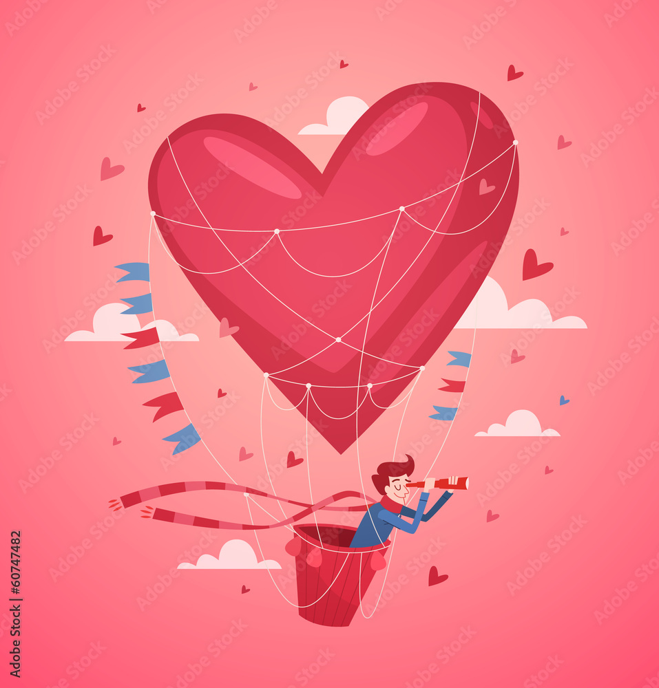 A man in a hot air balloon. Valentine's Day Card.