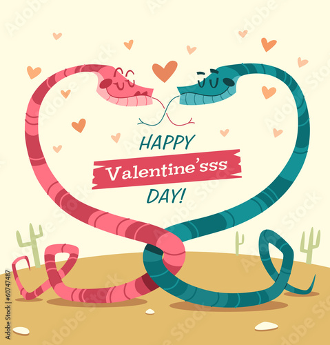 Two snakes fell in love. Valentine's Day Card.